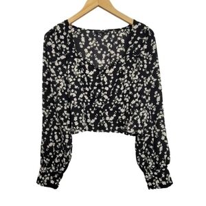 Love Tree Long sleeve Floral V neck Line Fake Button in front Blouse